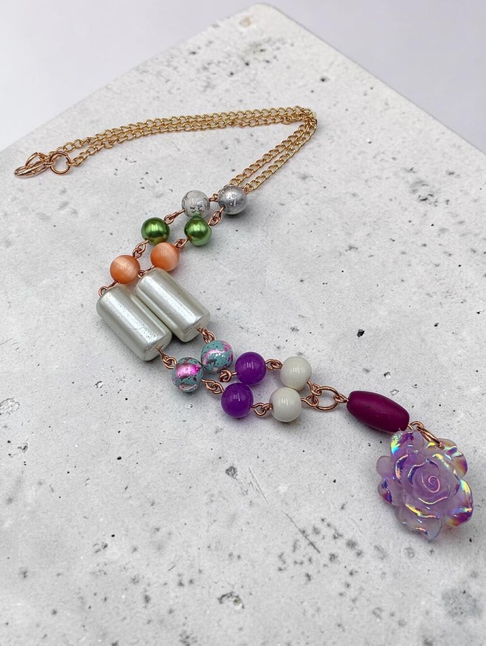 Multicolor Beaded Rose Pendant Necklace Handmade Boho Jewelry